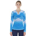 Light Blue and White Color Diamonds V-Neck Long Sleeve Top View1