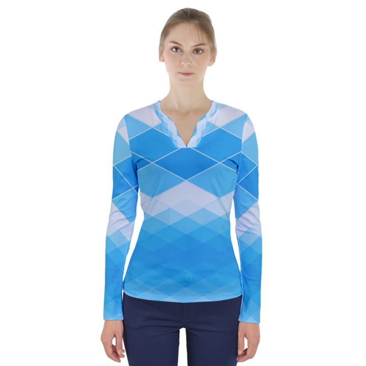 Light Blue and White Color Diamonds V-Neck Long Sleeve Top