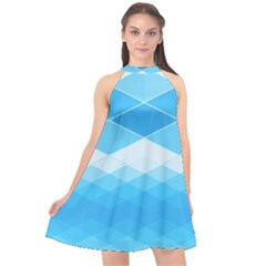 Light Blue And White Color Diamonds Halter Neckline Chiffon Dress 