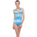 Light Blue and White Color Diamonds Halter Front Plunge Swimsuit View1