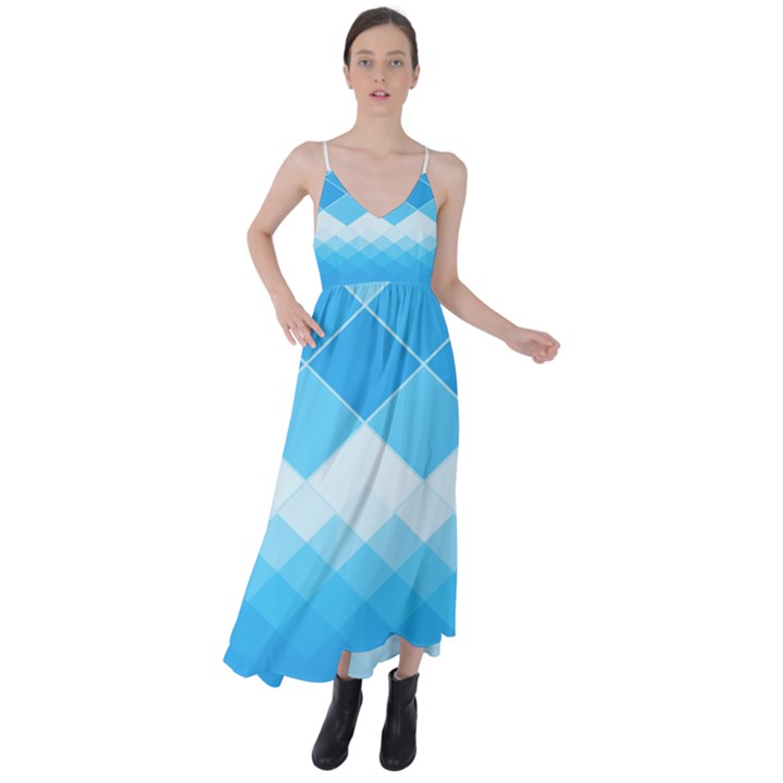 Light Blue and White Color Diamonds Tie Back Maxi Dress