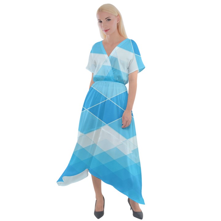 Light Blue and White Color Diamonds Cross Front Sharkbite Hem Maxi Dress