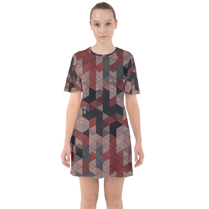 Auburn Grey and Tan Truchet Tiles Sixties Short Sleeve Mini Dress