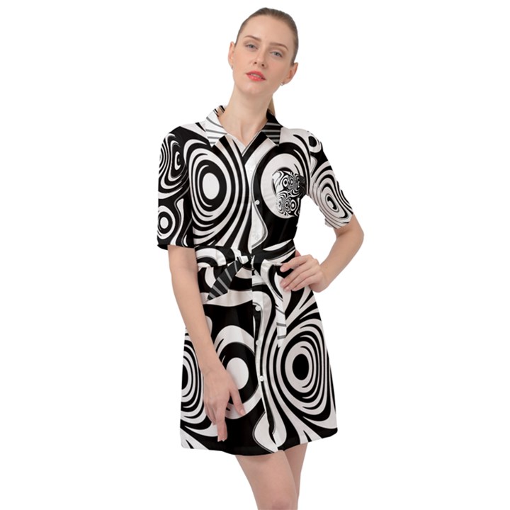 Black and White Abstract Stripes Belted Shirt Dress