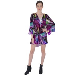 Fractal Circles Abstract V-neck Flare Sleeve Mini Dress by HermanTelo