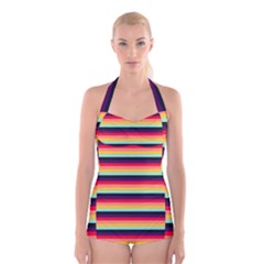 Contrast Rainbow Stripes Boyleg Halter Swimsuit  by tmsartbazaar