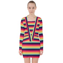 Contrast Rainbow Stripes V-neck Bodycon Long Sleeve Dress by tmsartbazaar