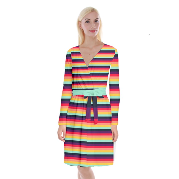 Contrast Rainbow Stripes Long Sleeve Velvet Front Wrap Dress