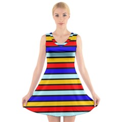 Red And Blue Contrast Yellow Stripes V-neck Sleeveless Dress by tmsartbazaar