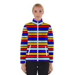 Red And Blue Contrast Yellow Stripes Winter Jacket by tmsartbazaar