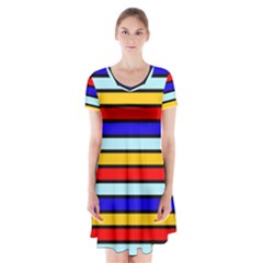 Red And Blue Contrast Yellow Stripes Short Sleeve V-neck Flare Dress by tmsartbazaar