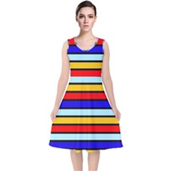 Red And Blue Contrast Yellow Stripes V-neck Midi Sleeveless Dress  by tmsartbazaar