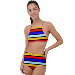 Red And Blue Contrast Yellow Stripes High Waist Tankini Set by tmsartbazaar