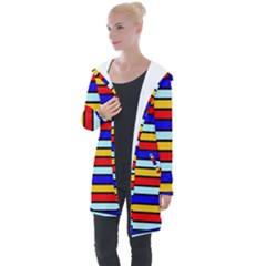 Red And Blue Contrast Yellow Stripes Longline Hooded Cardigan by tmsartbazaar