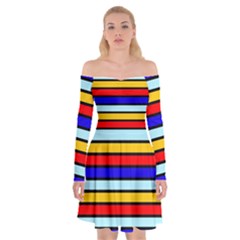 Red And Blue Contrast Yellow Stripes Off Shoulder Skater Dress by tmsartbazaar