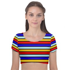 Red And Blue Contrast Yellow Stripes Velvet Short Sleeve Crop Top  by tmsartbazaar