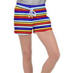 Red And Blue Contrast Yellow Stripes Velour Lounge Shorts by tmsartbazaar