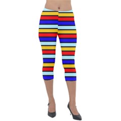 Red And Blue Contrast Yellow Stripes Lightweight Velour Capri Leggings  by tmsartbazaar