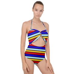 Red And Blue Contrast Yellow Stripes Scallop Top Cut Out Swimsuit by tmsartbazaar