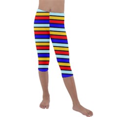 Red And Blue Contrast Yellow Stripes Kids  Lightweight Velour Capri Leggings  by tmsartbazaar