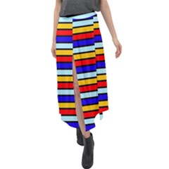 Red And Blue Contrast Yellow Stripes Velour Split Maxi Skirt by tmsartbazaar