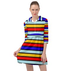 Red And Blue Contrast Yellow Stripes Mini Skater Shirt Dress by tmsartbazaar