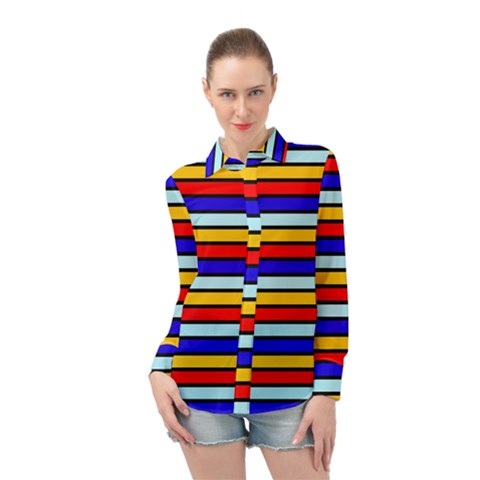 Red And Blue Contrast Yellow Stripes Long Sleeve Chiffon Shirt by tmsartbazaar