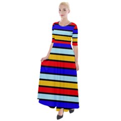 Red And Blue Contrast Yellow Stripes Half Sleeves Maxi Dress