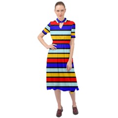 Red And Blue Contrast Yellow Stripes Keyhole Neckline Chiffon Dress by tmsartbazaar