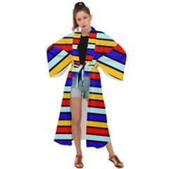 Red And Blue Contrast Yellow Stripes Maxi Kimono by tmsartbazaar