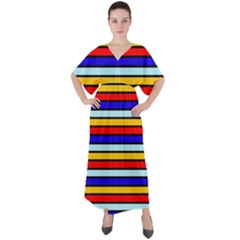 Red And Blue Contrast Yellow Stripes V-neck Boho Style Maxi Dress by tmsartbazaar