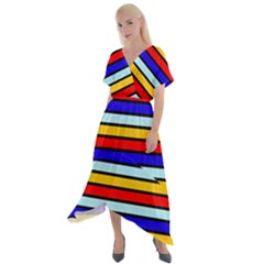 Red And Blue Contrast Yellow Stripes Cross Front Sharkbite Hem Maxi Dress by tmsartbazaar