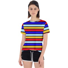 Red And Blue Contrast Yellow Stripes Open Back Sport Tee by tmsartbazaar