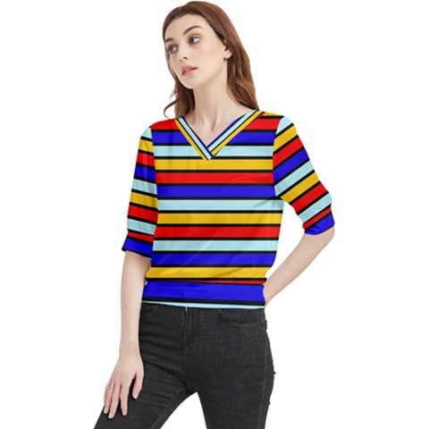 Red And Blue Contrast Yellow Stripes Quarter Sleeve Blouse by tmsartbazaar