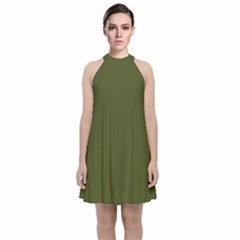 Army Green Solid Color Velvet Halter Neckline Dress  by SpinnyChairDesigns