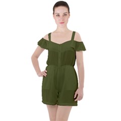 Army Green Solid Color Ruffle Cut Out Chiffon Playsuit by SpinnyChairDesigns