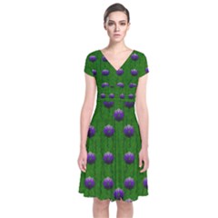 Power To The Big Flowers Festive Short Sleeve Front Wrap Dress