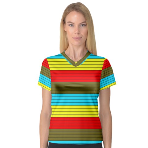 Multicolor With Black Lines V-neck Sport Mesh Tee by tmsartbazaar