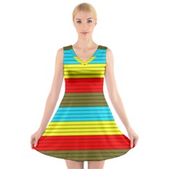 Multicolor With Black Lines V-neck Sleeveless Dress by tmsartbazaar