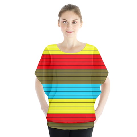 Multicolor With Black Lines Batwing Chiffon Blouse by tmsartbazaar