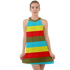 Multicolor With Black Lines Halter Tie Back Chiffon Dress by tmsartbazaar