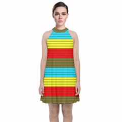 Multicolor With Black Lines Velvet Halter Neckline Dress  by tmsartbazaar