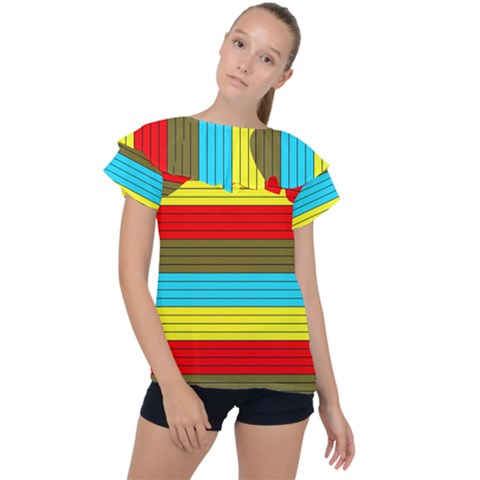 Multicolor With Black Lines Ruffle Collar Chiffon Blouse by tmsartbazaar