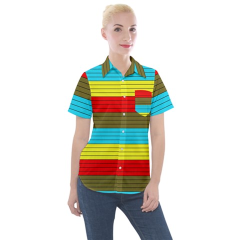 Multicolor With Black Lines Women s Short Sleeve Pocket Shirt by tmsartbazaar