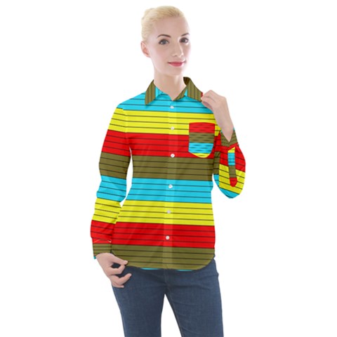 Multicolor With Black Lines Women s Long Sleeve Pocket Shirt by tmsartbazaar