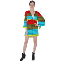 Multicolor With Black Lines V-neck Flare Sleeve Mini Dress by tmsartbazaar