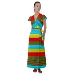 Multicolor With Black Lines Flutter Sleeve Maxi Dress by tmsartbazaar