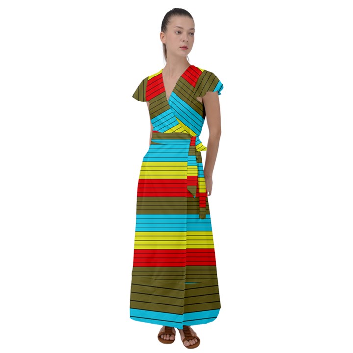 Multicolor With Black Lines Flutter Sleeve Maxi Dress