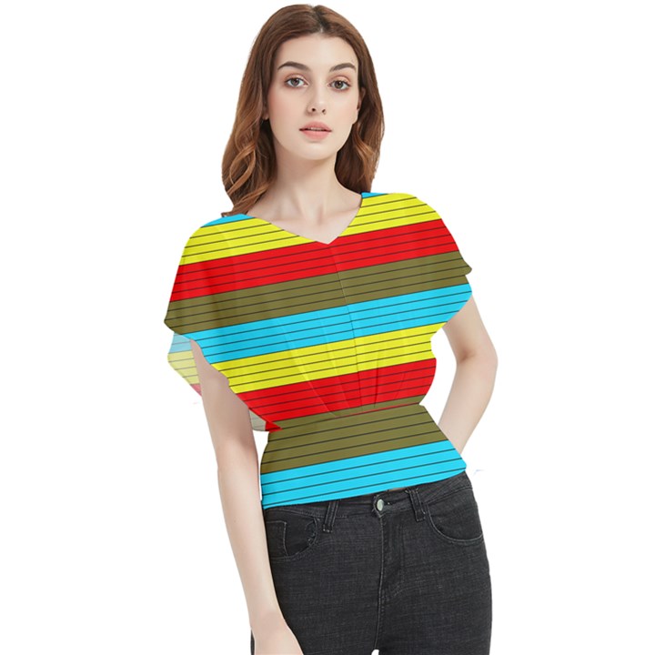 Multicolor With Black Lines Butterfly Chiffon Blouse