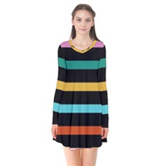 Colorful Mime Black Stripes Long Sleeve V-neck Flare Dress by tmsartbazaar